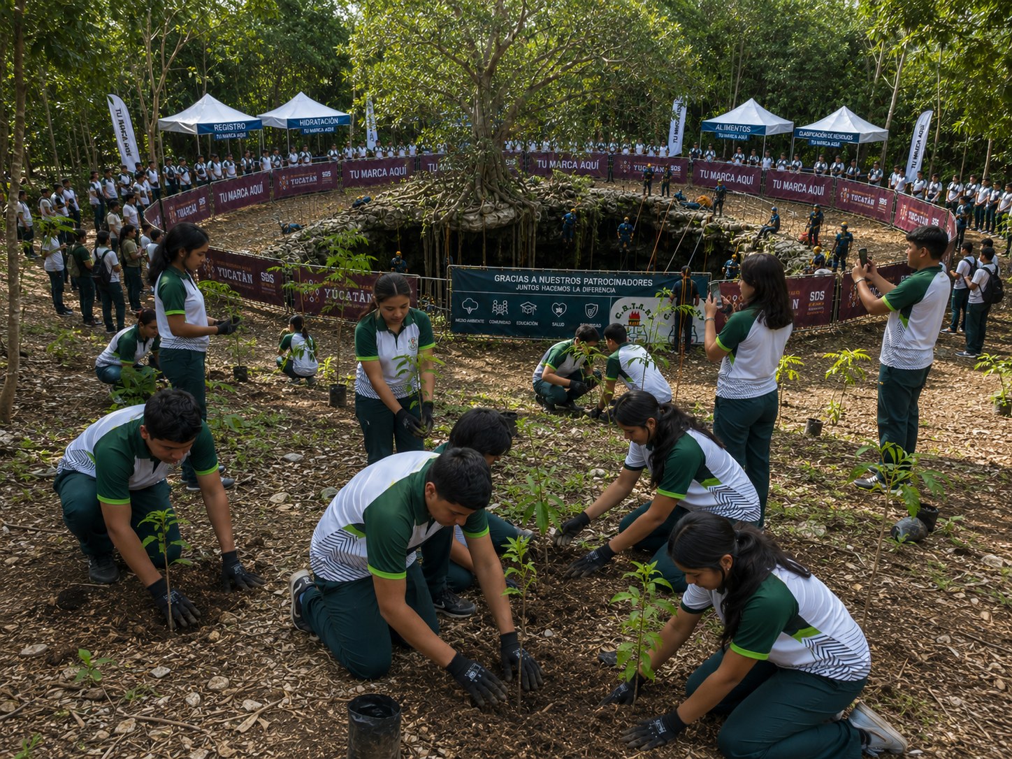 Visualización de estudiantes participando en reforestación lejos del borde del cenote